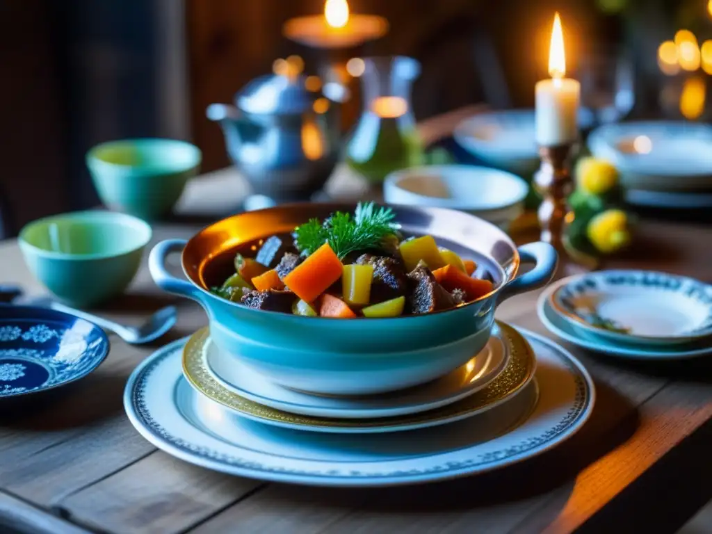 Una mesa rústica con vajilla vintage y exquisitos platillos, iluminada por velas