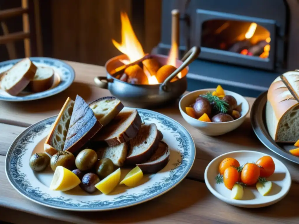 Una mesa rústica vikinga llena de manjares: carnes asadas, verduras y pan, evocando la hospitalidad nórdica antigua