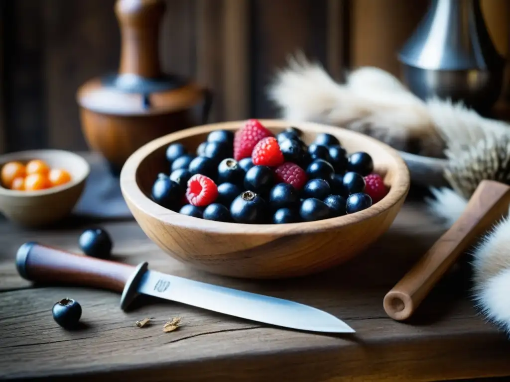 Una mesa rústica vikinga con utensilios y ingredientes tradicionales