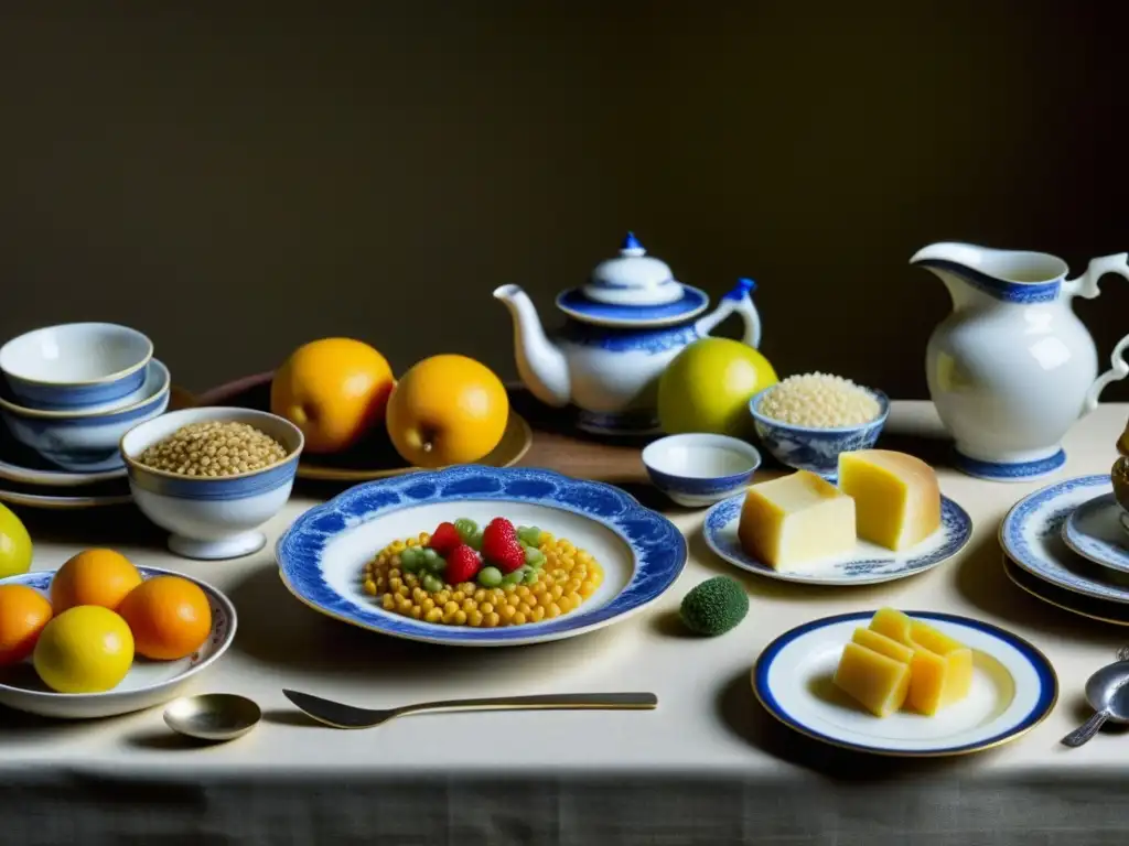 Una mesa del siglo XVIII con una dieta infantil tradicional: frutas, verduras, granos y leche en platos antiguos