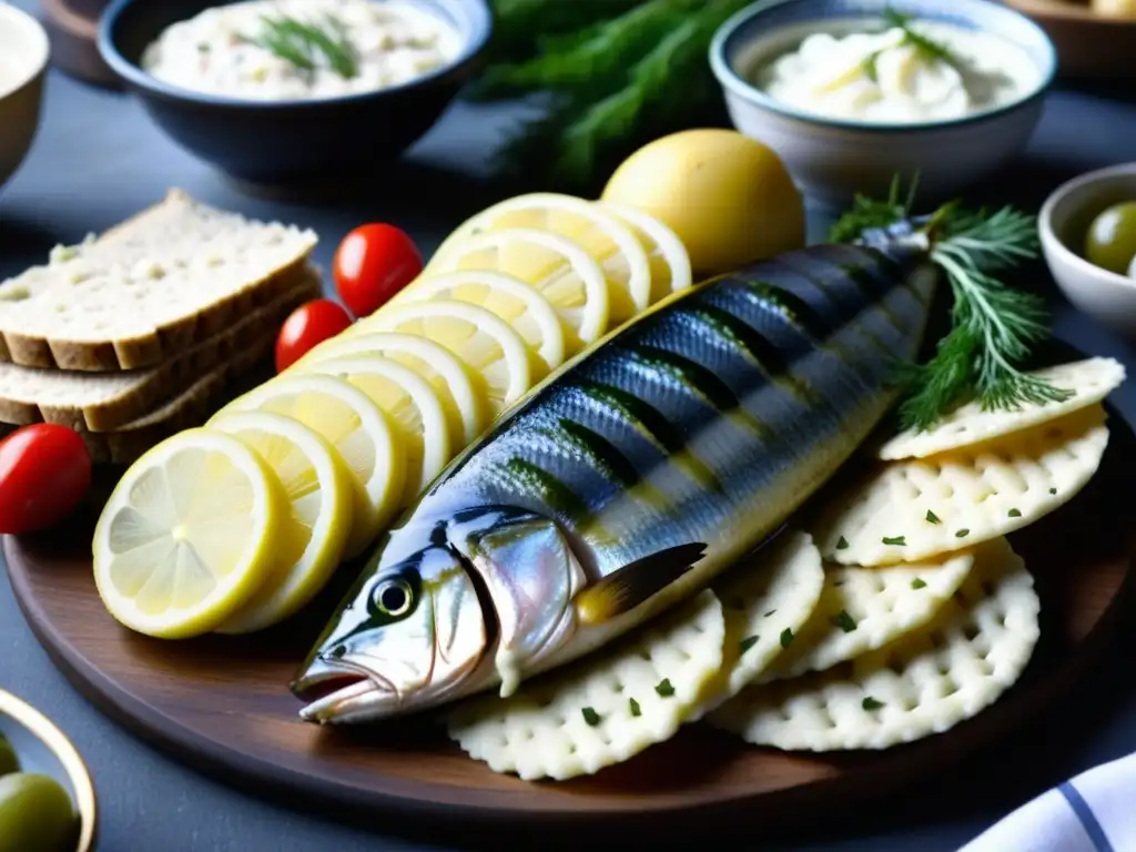 Una mesa de smörgåsbord sueco con arenque encurtido, papas y eneldo fresco