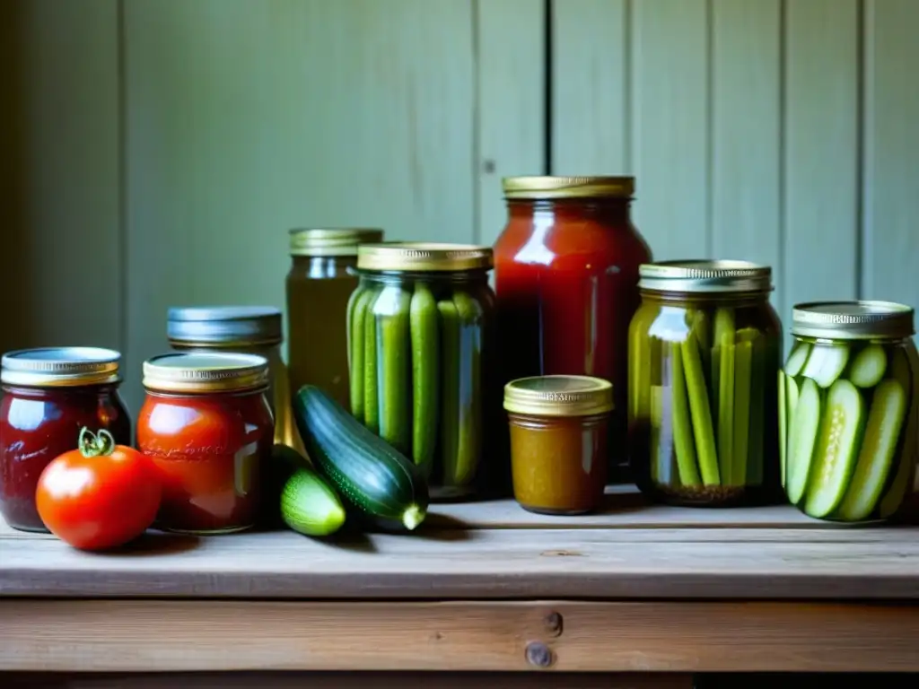 Una mesa soviética con alimentos conservados: pepinillos, pasta de tomate y vegetales enlatados