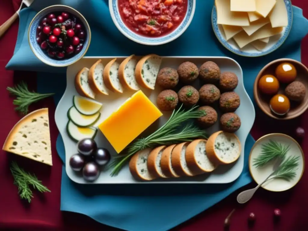 Una mesa de smörgåsbord sueco tradicional, resaltando la riqueza cultural y festiva de esta tradición culinaria