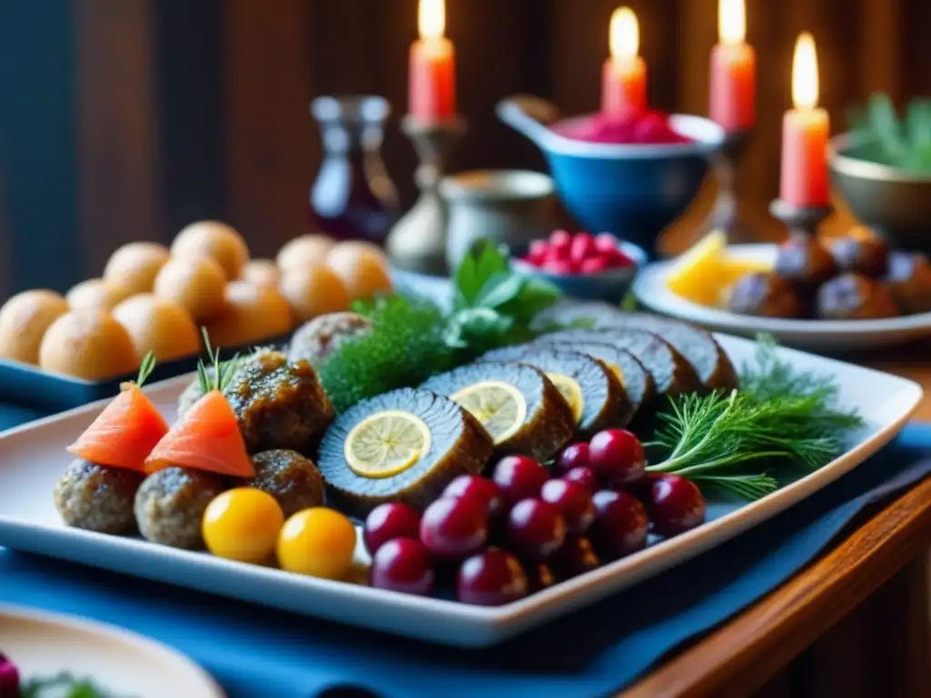 Una mesa de smörgåsbord sueco tradicional, resaltando la riqueza y colorido de cada plato