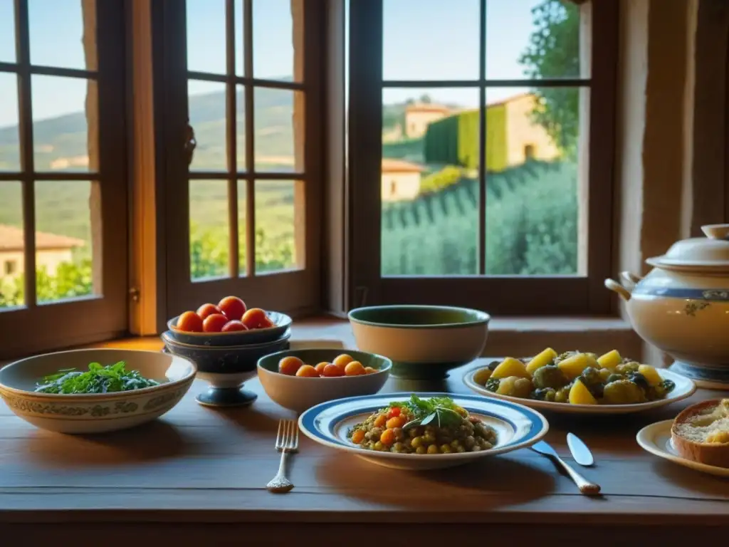 Una mesa toscana antigua rebosante de recetas históricas culturas épocas toscanas iluminada por el cálido sol