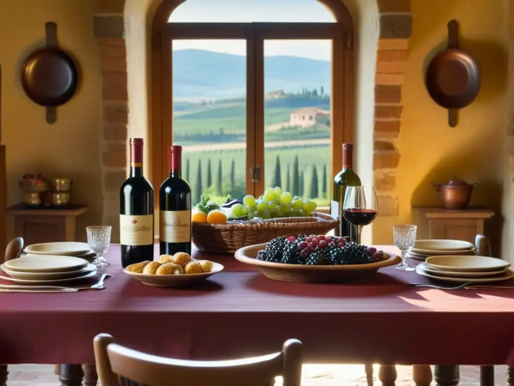 Una mesa toscana con platos y vinos, recetas históricas culturas épocas toscanas