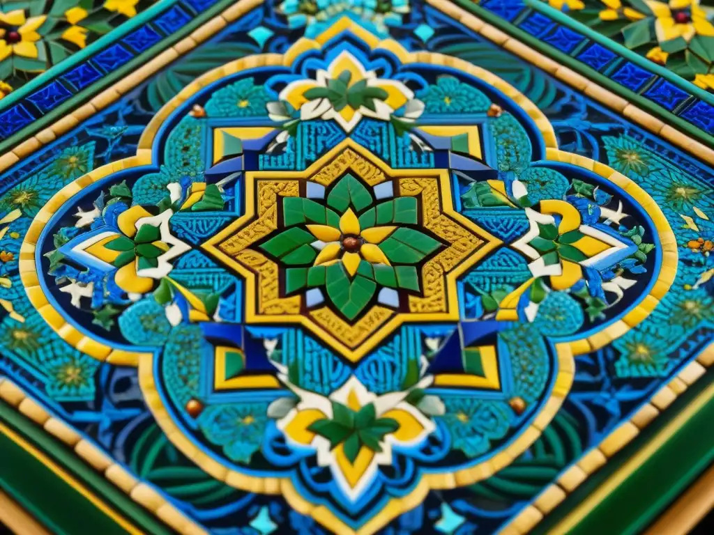 Una mesa árabe tradicional con detallados mosaicos en azul, verde y dorado