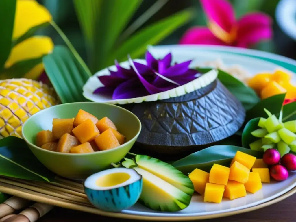 Una mesa de festín micronesio tradicional con platos vibrantes y detallados, celebrando la rica cultura culinaria