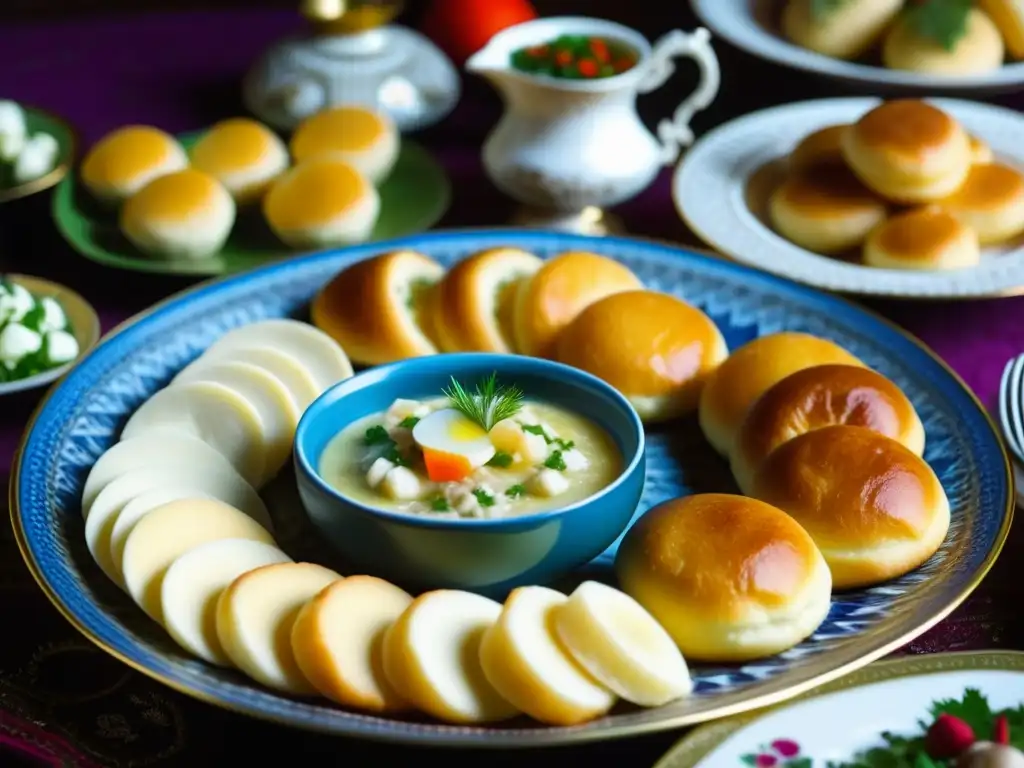 Una mesa de festín tradicional rusa detallada, con platos como blini, borscht, pelmeni y pirozhki