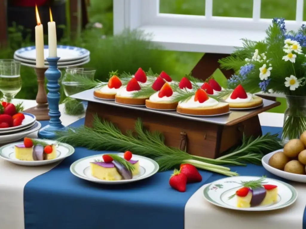 Una mesa tradicional sueca de noche de San Juan con recetas históricas y decoración colorida