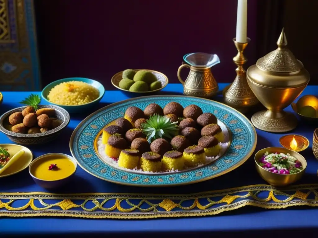 Exquisita mesa festiva del Medio Oriente: sabores y colores vibrantes Una mesa tradicional del Medio Oriente con vibrantes platos y decoraciones detalladas, evocando la riqueza cultural de la gastronomía persa y árabe