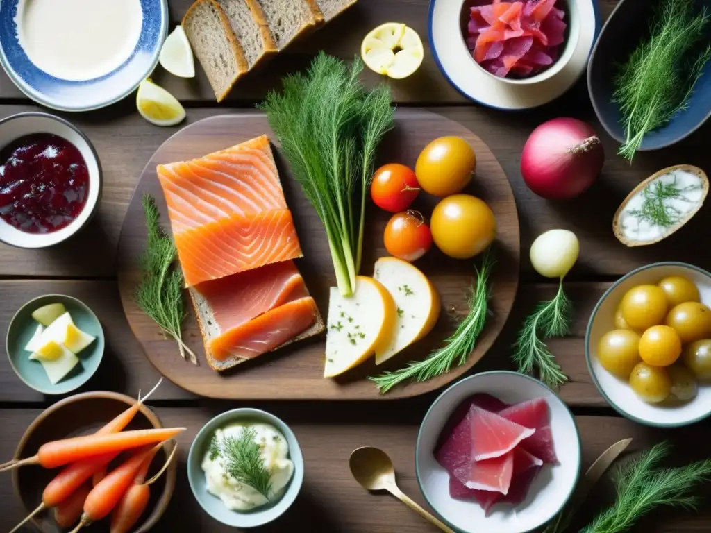 Una mesa escandinava con gravlax, arenque y verduras coloridas