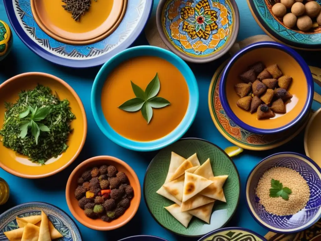 Una mesa vibrante de platos tradicionales del Magreb, reflejo de la dieta mediterránea, historia culinaria en colores y texturas exquisitas