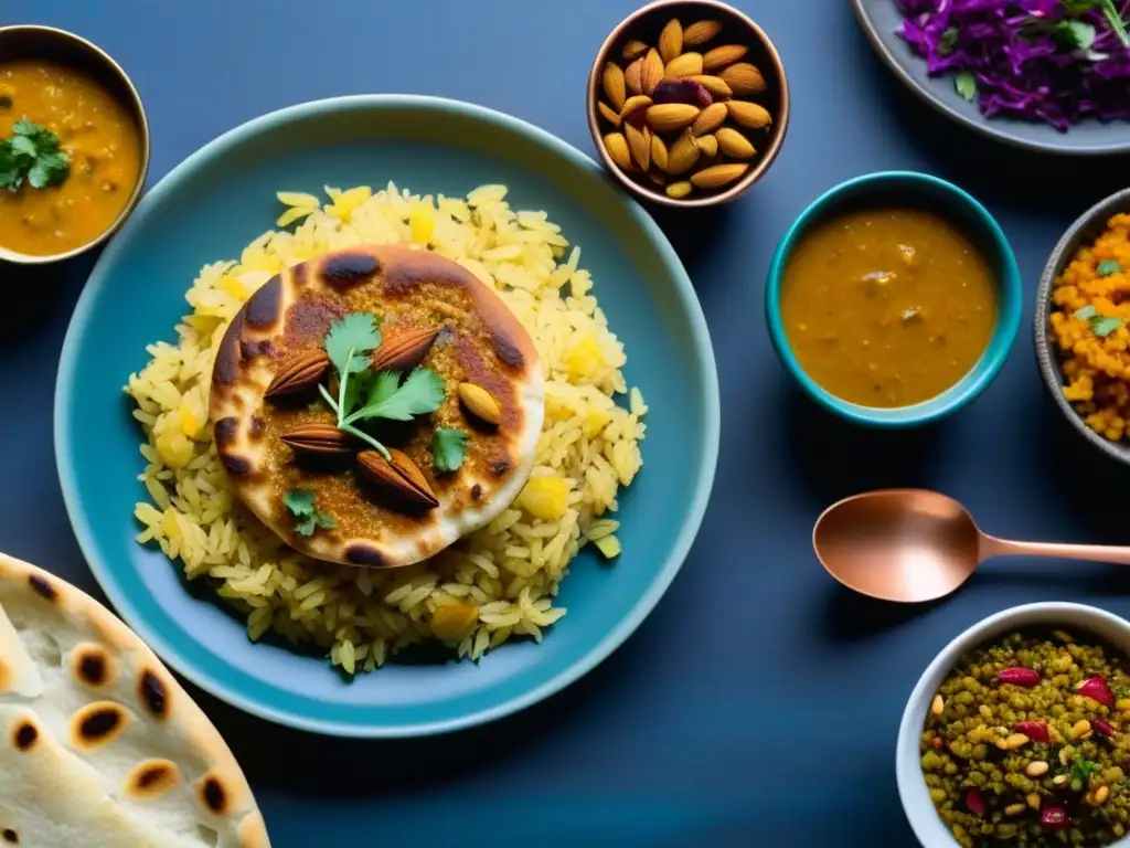 Una mesa Mughal con vibrantes platillos vegetarianos, arroz con azafrán y cuencos de dal y curry, en un escenario detallado y elegante