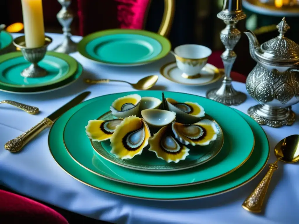 Una mesa victoriana lujosa con almejas gigantes servidas a comensales elegantes en la era victoriana