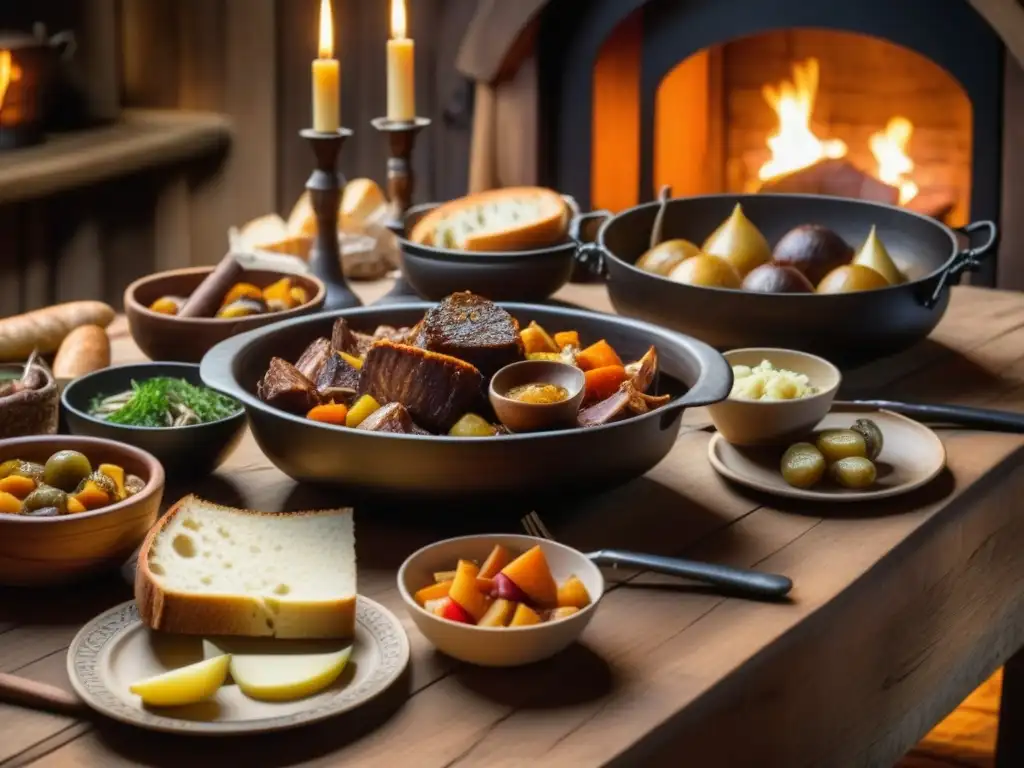 Una mesa vikinga cargada de recetas históricas vikingas auténticas, ambientada en un Gran Salón iluminado por antorchas