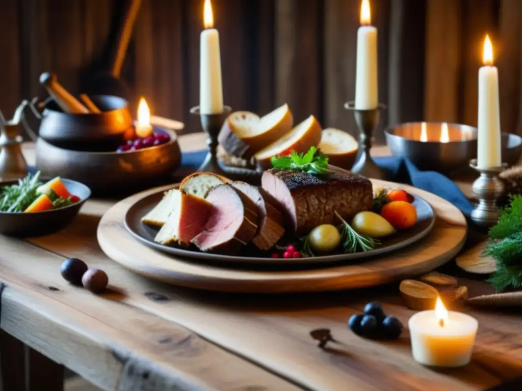 Una mesa vikinga con festín de carnes, pan, bayas y verduras rodeada de cuernos y velas