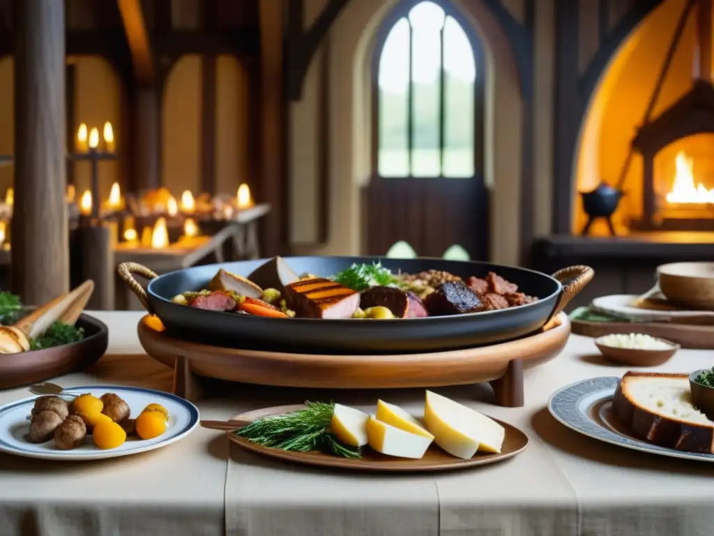 Una mesa vikinga llena de manjares tradicionales en un Gran Salón iluminado por antorchas