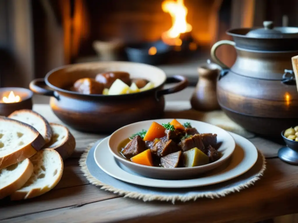 Una mesa vikinga con platillos tradicionales y elementos auténticos, iluminada por antorchas