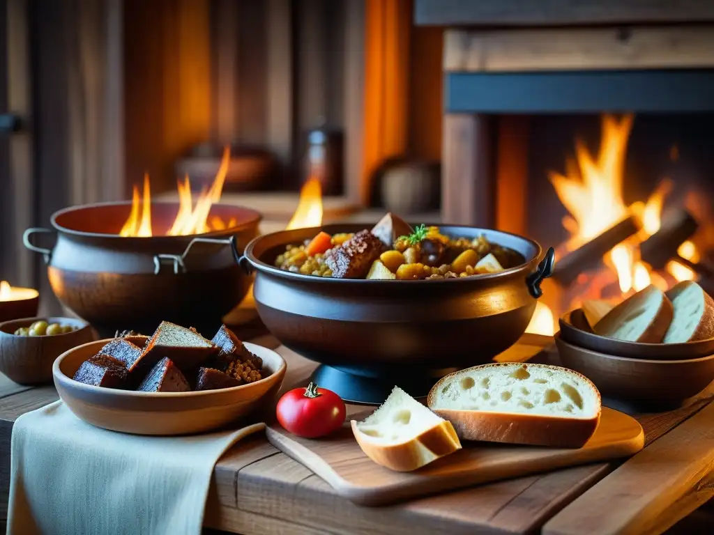 Una mesa de festín vikingo con cuencos de madera, carnes asadas, pan rústico y cuernos de hidromiel, iluminada por antorchas