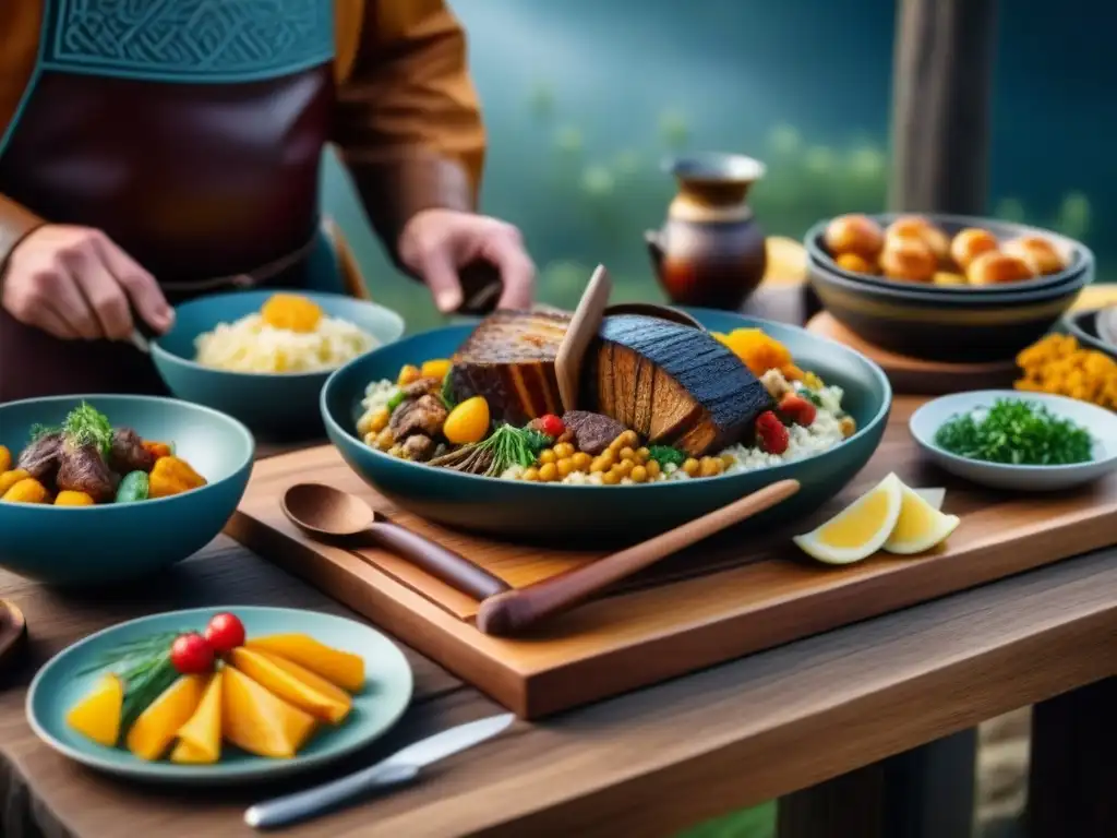 Una mesa de festín vikingo con platos tradicionales meticulosamente presentados en utensilios de madera y metal