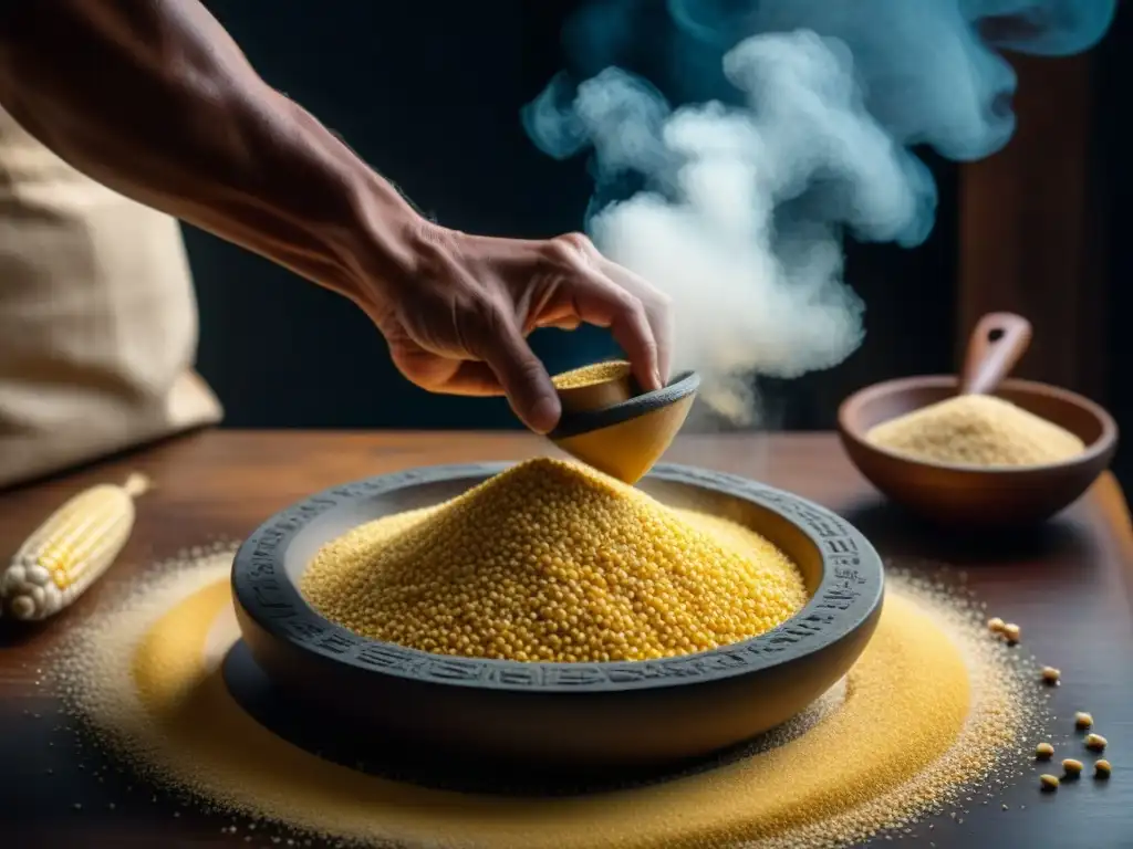 Moliendo maíz en metate, resaltando el impacto cultural del maíz en la cocina del siglo XIX