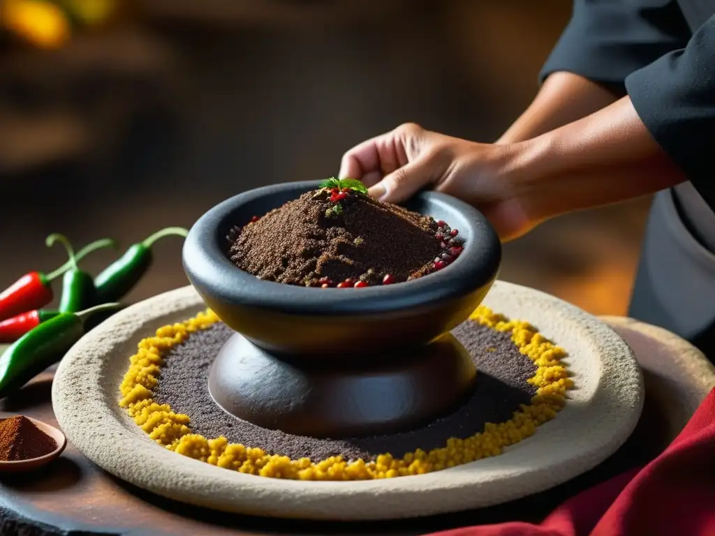 Metate mexicano cubierto de mole poblano, resaltando ingredientes como chocolate y chiles, mostrando el origen y significado del mole