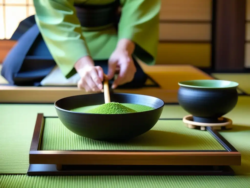 Preparación meticulosa de té matcha en ceremonia japonesa, reflejando la esencia de la Dieta Zen evolución historia cultural