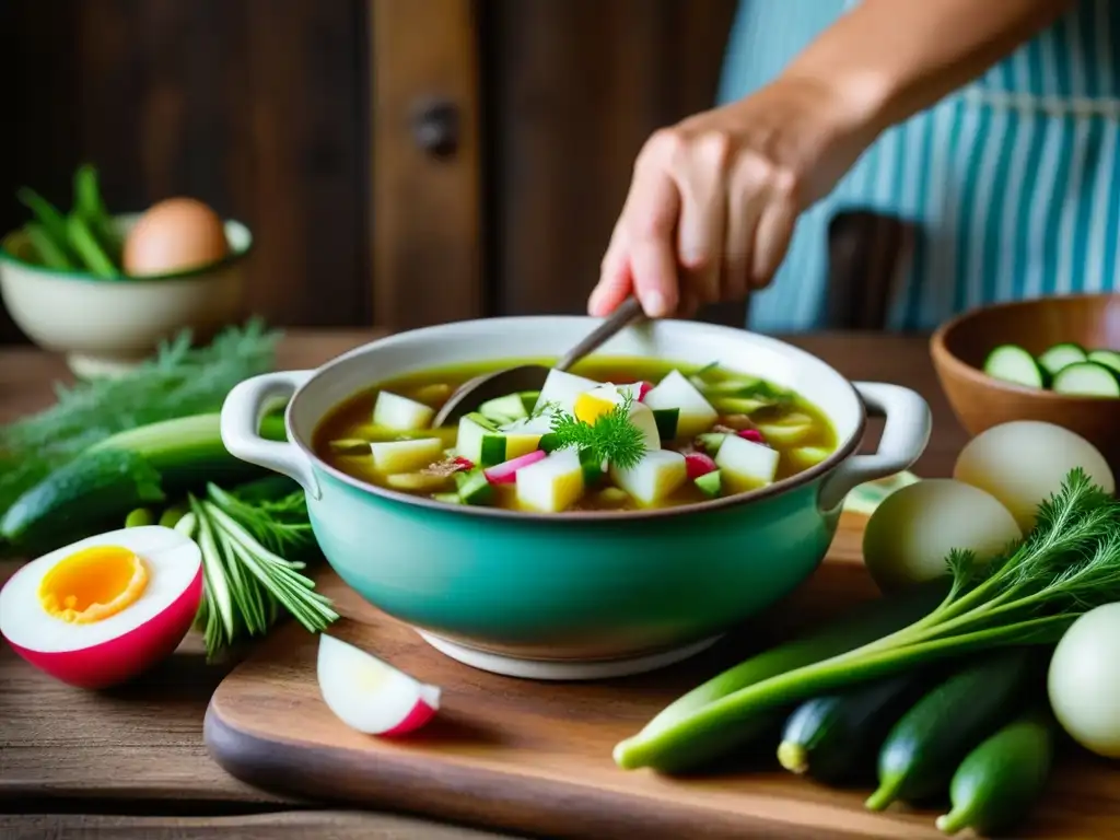 Preparación meticulosa de Sopa fría rusa Okroshka histórica en cocina vintage