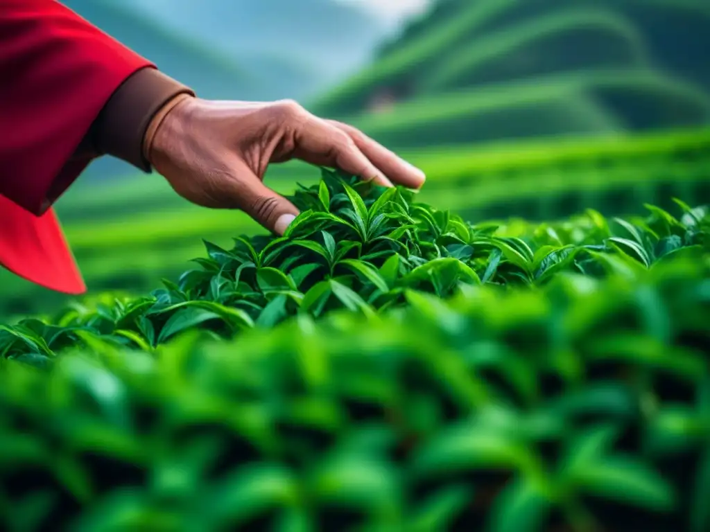 Recolección meticulosa de hoja de té en plantación moderna, fusionando tradición e innovación