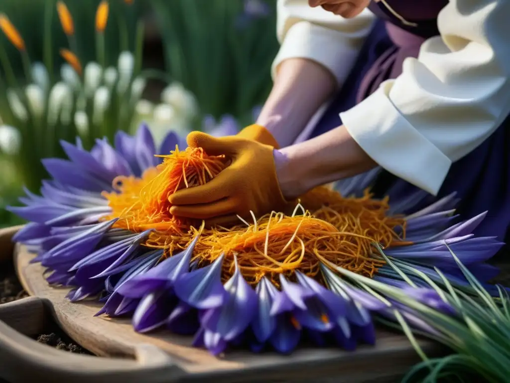 Recolección meticulosa de azafrán en jardín medieval soleado del siglo XIV