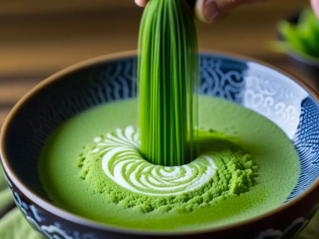 Preparación meticulosa de té verde matcha en cuenco japonés, resaltando la historia del té verde matcha