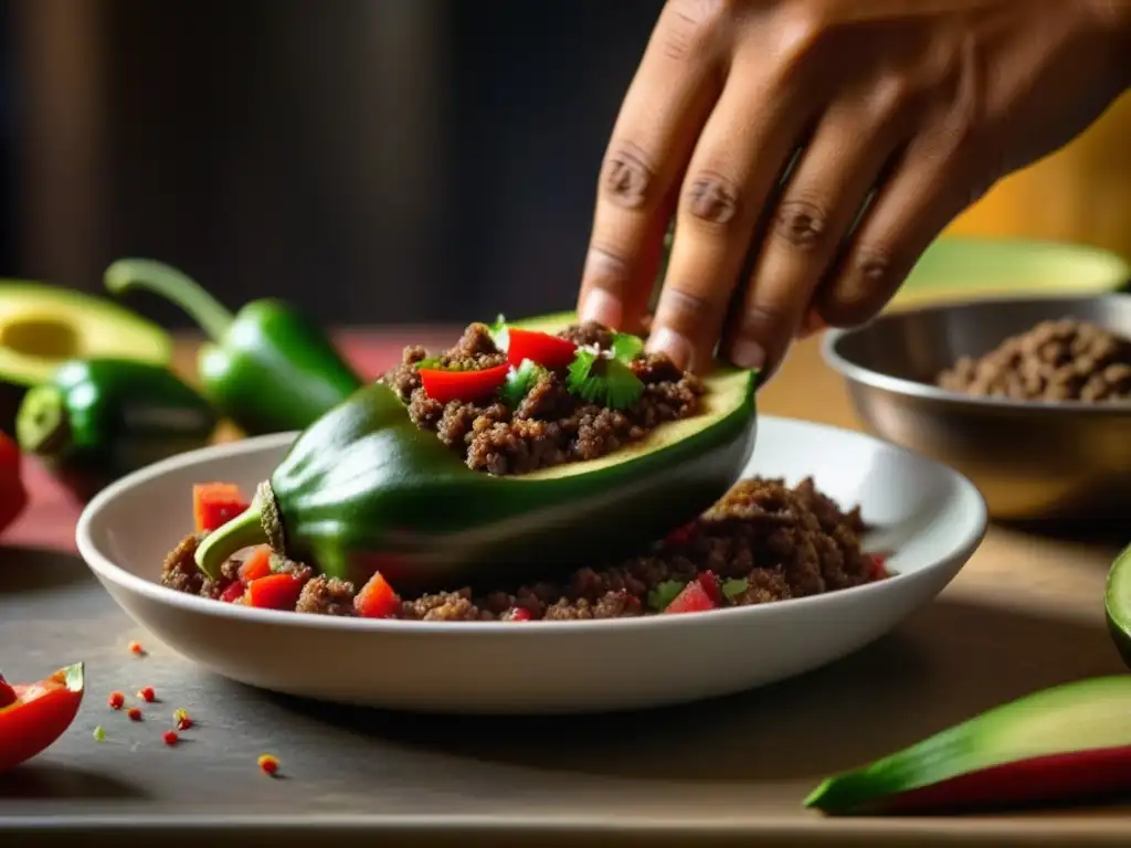 El meticuloso proceso de preparación de chiles en nogada en una animada cocina mexicana