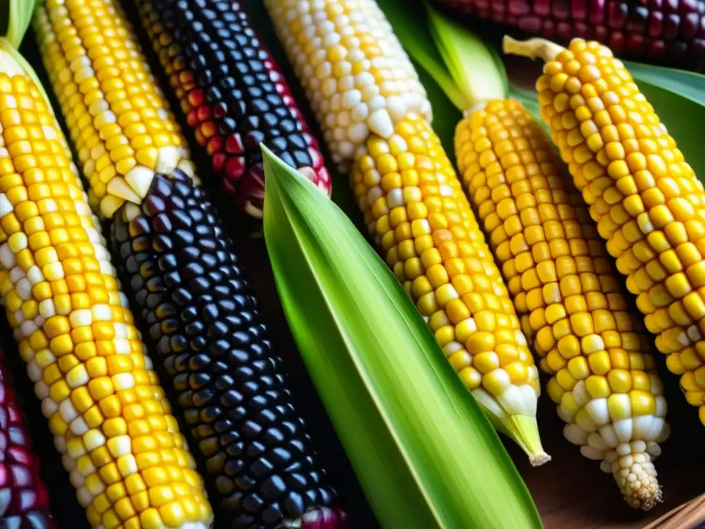 Maíz mexicano colorido y detallado, resaltando la diversidad y significado cultural en la cocina azteca