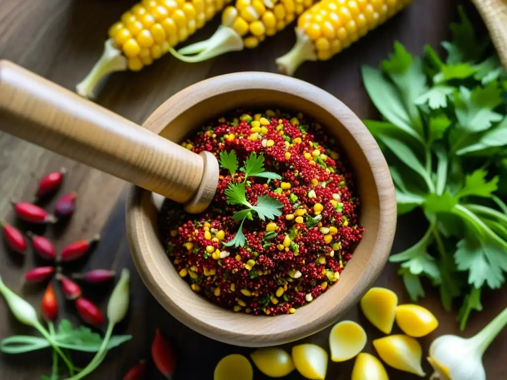 Mezcla de colores y aromas en un mortero de madera, representando la cocina criolla plato colonial mestizaje