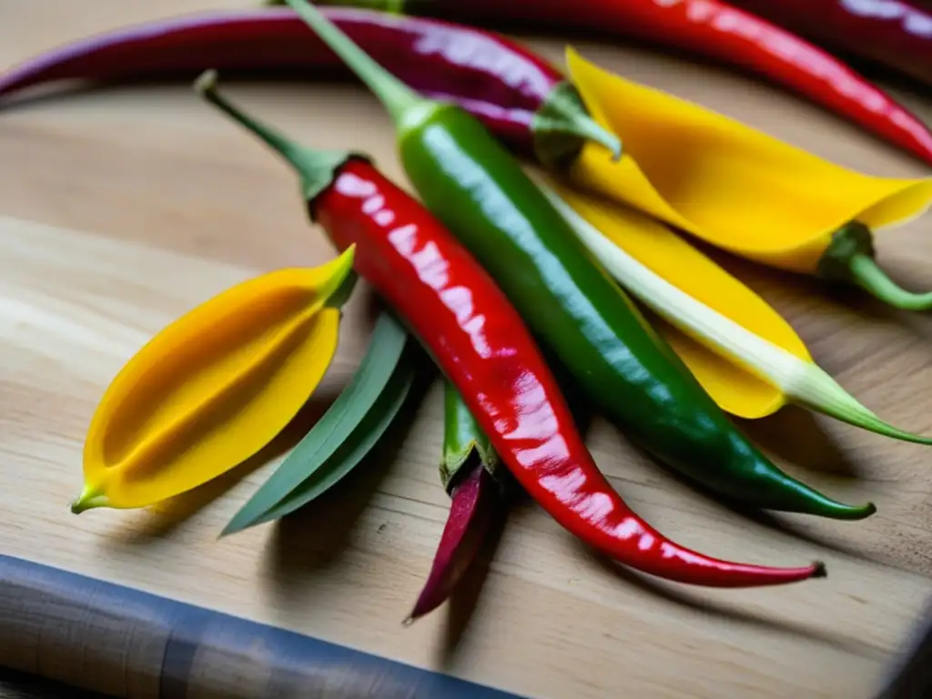 Una mezcla colorida de especias usadas en cocina fusión IndoChina, con chiles rojos, limoncillo, cúrcuma y clavos en tabla de madera rústica