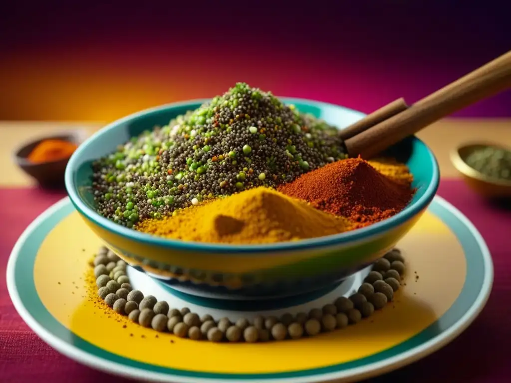 Detalles vibrantes: Especias africanas en plato colorido Mezcla de especias africanas sobre plato colorido, fusionando recetas históricas gastronomía africana digital