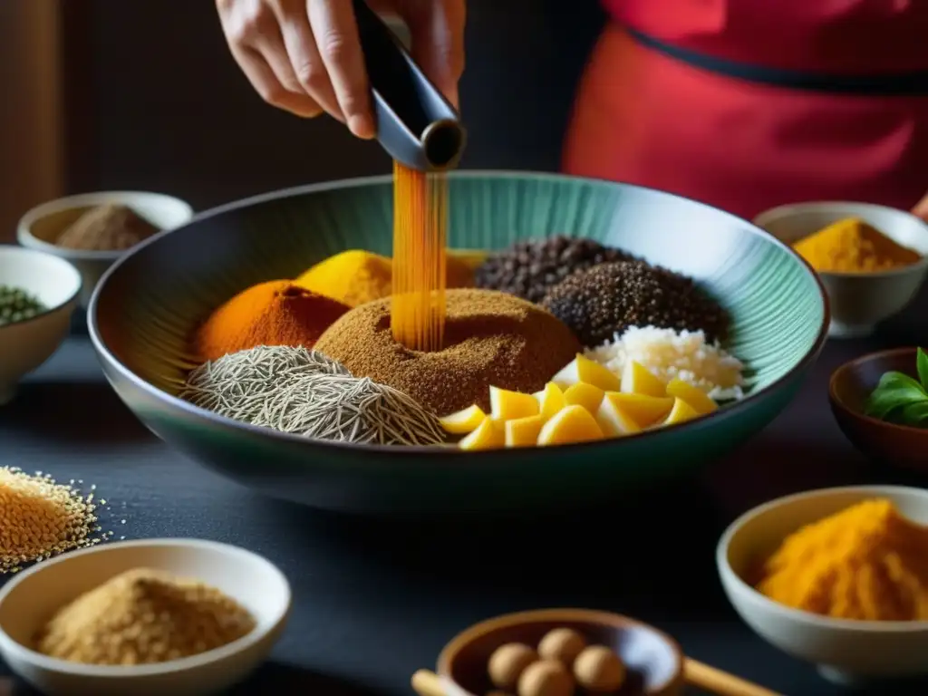 Mezcla de especias japonesas y portuguesas: procesos detallados y vibrantes Mezcla de especias en la cocina japonesa con influencia portuguesa