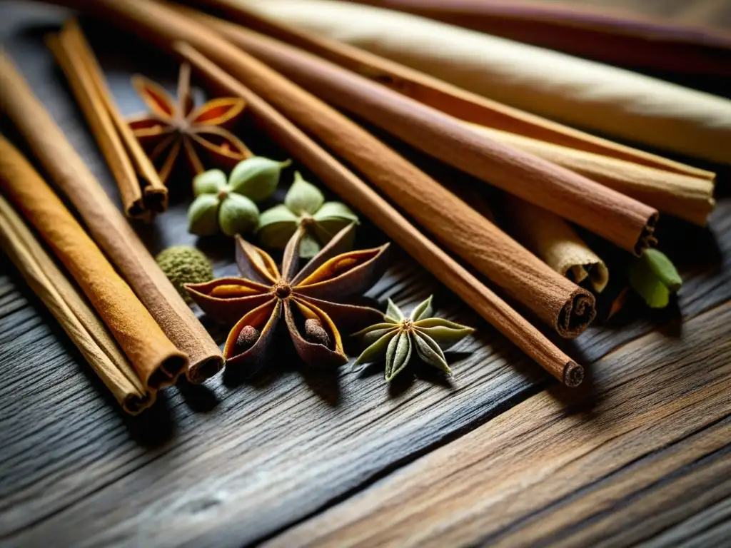 Una mezcla de especias coloridas en una mesa de madera rústica, destaca la esencia del comercio de especias en la historia de la cocina mundial