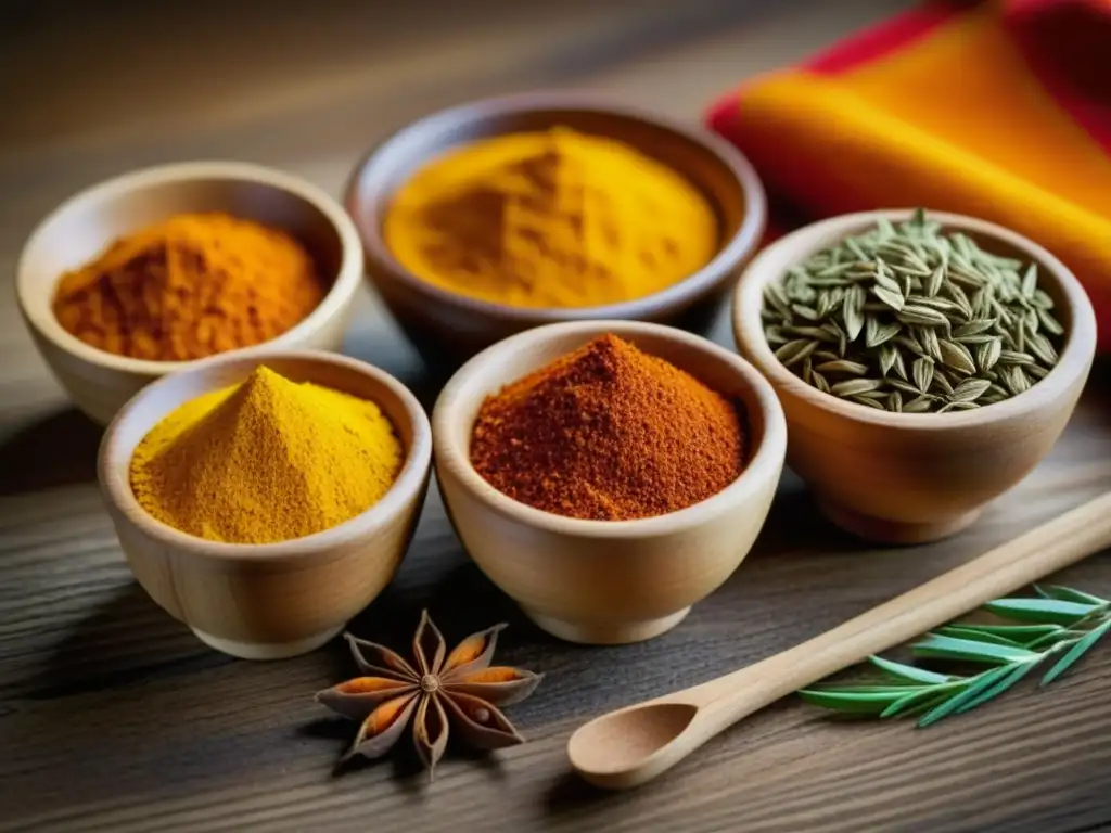 Esencias africanas: especias vibrantes y coloridas en bowls de madera Mezcla de especias vibrantes como cúrcuma, pimentón y canela en cuencos de madera, simbolizando la influencia africana en cocina americana
