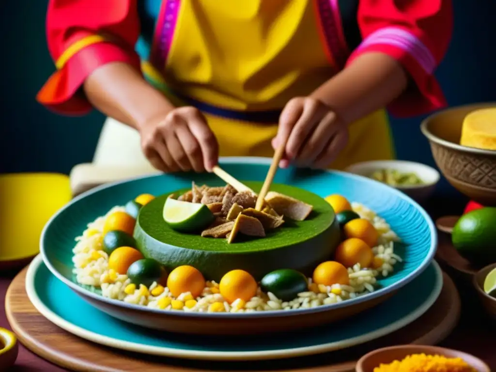 Una mezcla de ingredientes vibrantes y detallados en un plato tradicional de la fusión culinaria postcolombina documentada