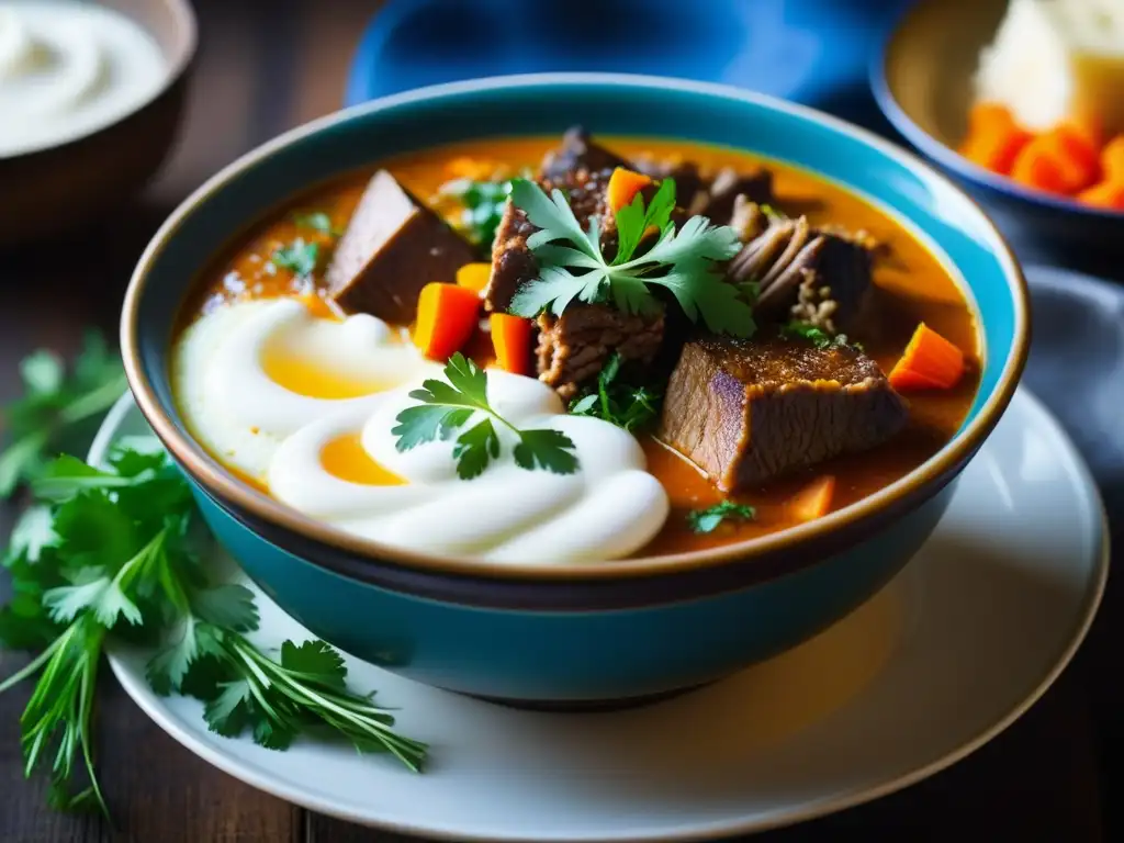 Una mezcla de sabores y colores en una sopa de plov uzbeka, reflejando la influencia de la Ruta de la Seda en sopas