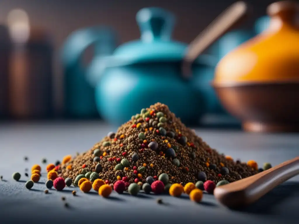 Mezcla vibrante de especias en cocina sudafricana tradicional, texturas ricas y tonos terrosos