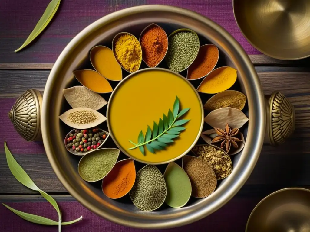 Una mezcla vibrante de especias tradicionales de la cocina vegetariana India antigua, con texturas y colores intensos