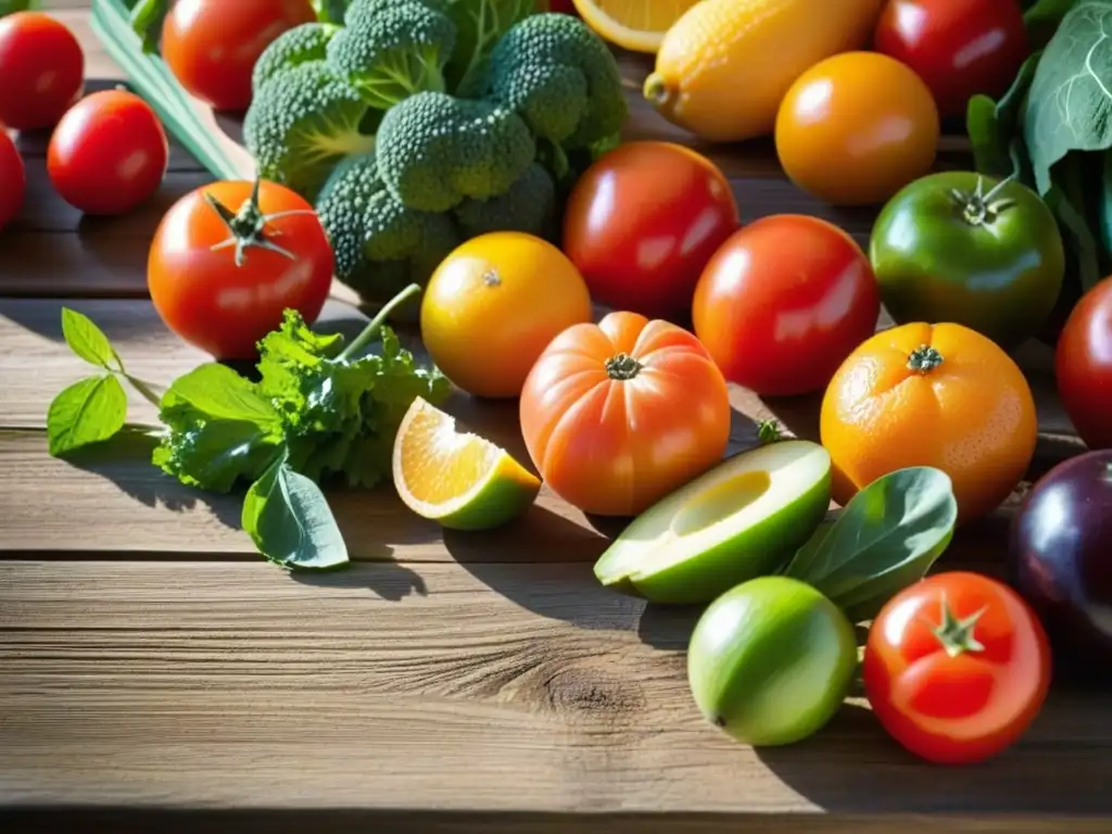 Una mezcla vibrante de frutas y verduras frescas en una mesa de madera rústica, evocando la dieta Medici siglo XV recetas