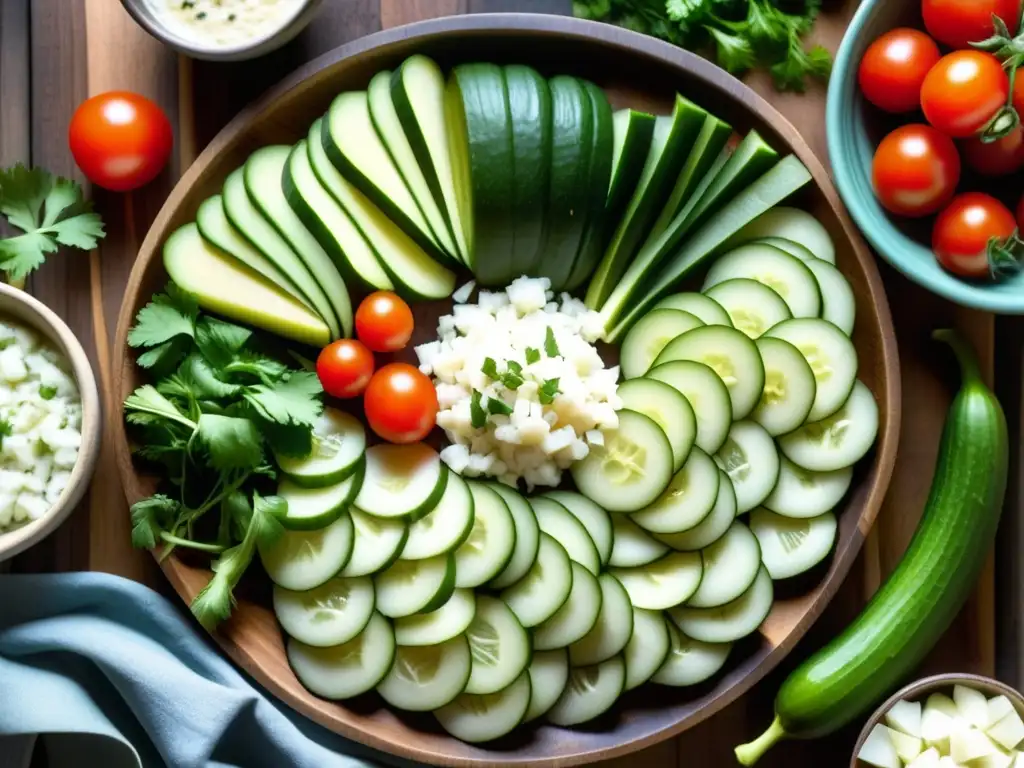 Una mezcla vibrante de ingredientes frescos para hacer raita en un tablero de madera rústico