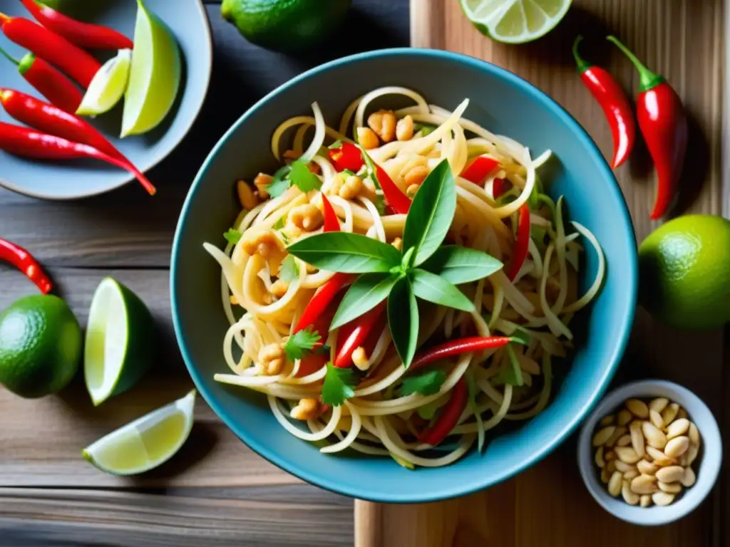 Una mezcla vibrante de ingredientes tailandeses para Pad Thai sobre mesa rústica