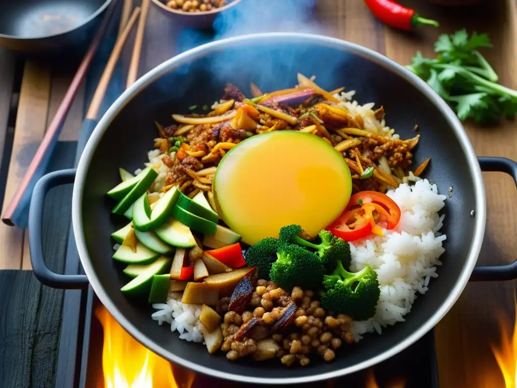 Una mezcla vibrante de ingredientes para Nasi Goreng en un wok humeante, evocando la historia culinaria de Indonesia