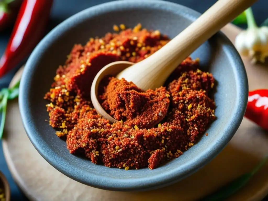 Una mezcla vibrante de harissa roja se muele a mano en un mortero de piedra