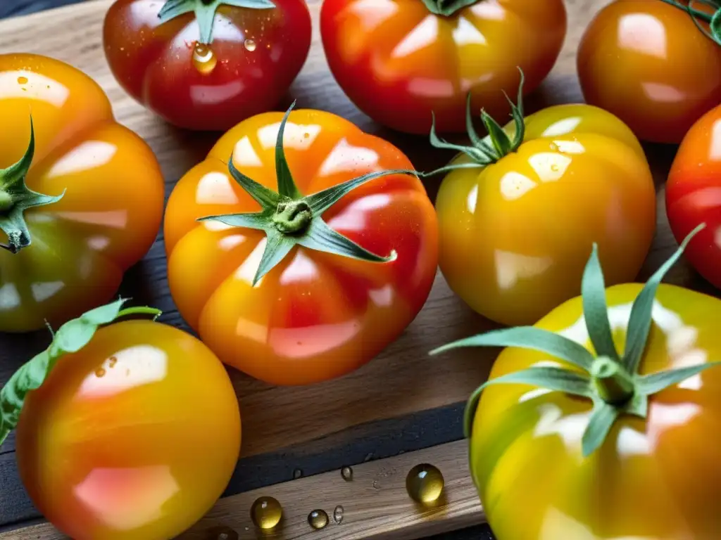 Una mezcla vibrante de tomates orgánicos en detalle, con colores y formas únicas